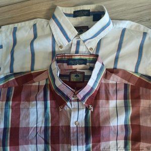Roundtree & Yorke Men's L Red White Plaid Striped Button Down Short Sleeve Shirt